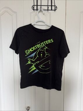Ghostbusters Graphic Tee Black Neon Green Logo Short Sleeve Shirt Size 14-16